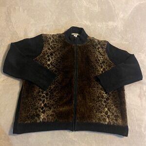 Serengeti Catalog Womens XL Faux Fur Leopard Print Zip Up Sweater Cardigan Black